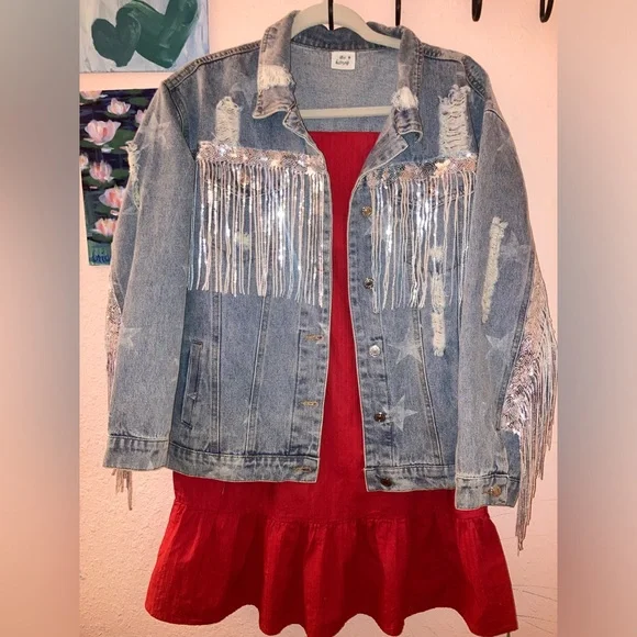 Jean Jacket- Stars & Shimmering Fringe - Picture 3 of 11
